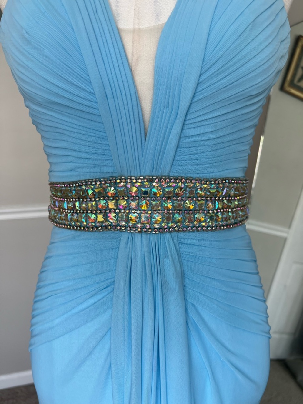 Vintage Y2K Tony Bowls Ice Blue Jeweled Halter Prom Dress - Picture 4 of 9